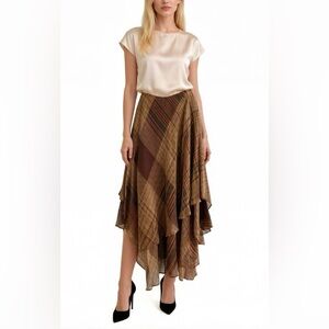 New Ralph Lauren 100% Silk Asymmetrical Plaid Skirt – Flowy Handkerchief Hem